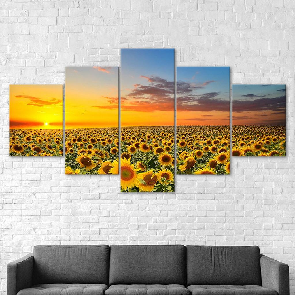Sunflower Field Sunset Scene 5 Piece Canvas Wall Art Multi Panel Print Modern Poster Home Decor Picture Gift For Him For Her