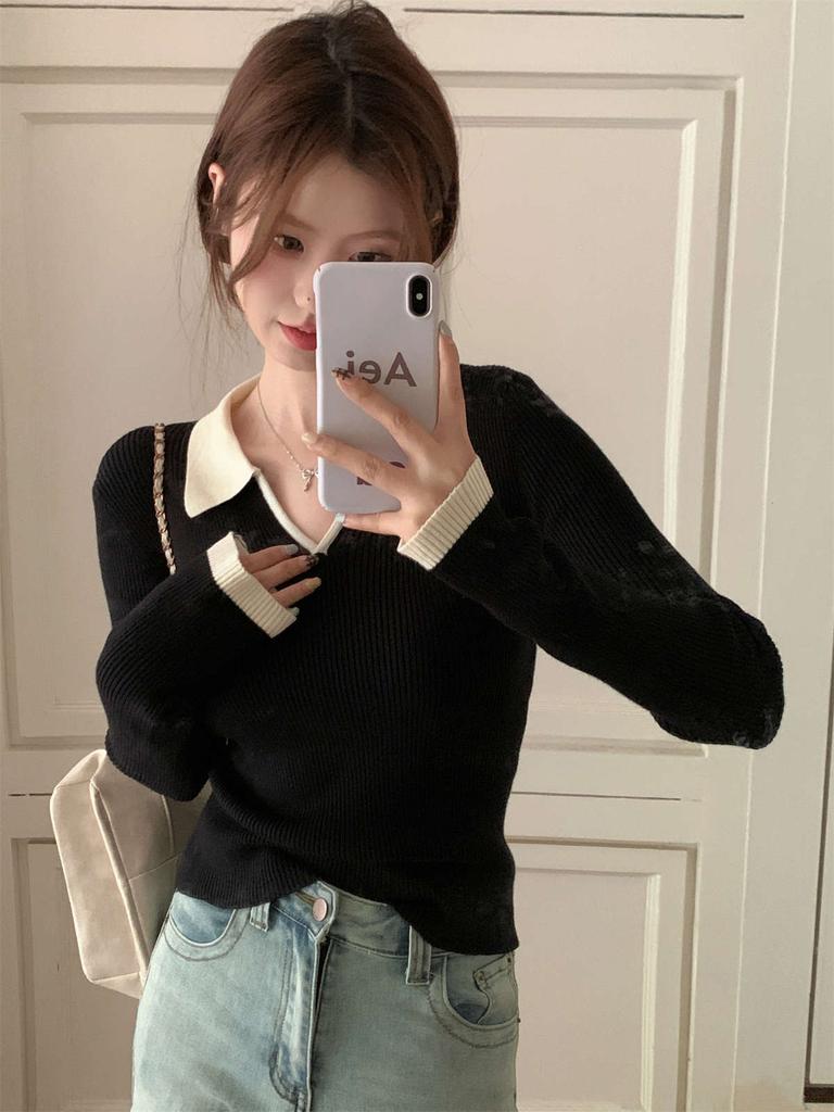 Temperament Contrasting Polo Neck Knitted Sweater Women's Spring and Autumn Niche Fashion Slim-fitting Bottoming Shirt and Thin Top