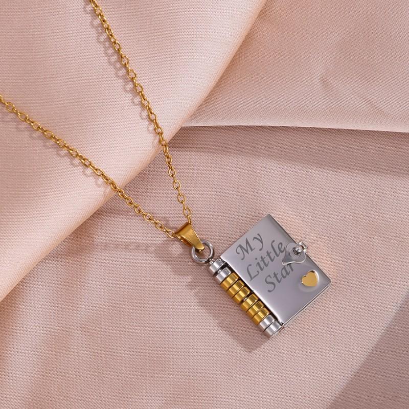 Stainless Steel Book-Shaped Pendant Necklace With Custom Engraved Message Mom Dad Grandma Or Lover Gold Plated Chain