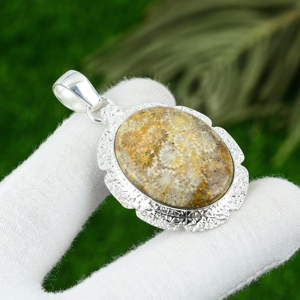 Sterling Silver Root Chakra Fossil Coral Stone Anniversary Daughter Boho Pendant