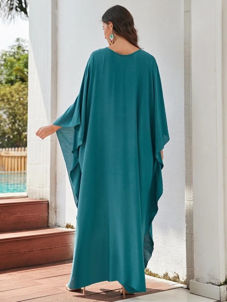 Plus Size Kaftan Blue Black Solid Bohemian Printed Summer Long Beach Dress Women Homewear Outfit Swim Suit Cover Up Loose Caftan