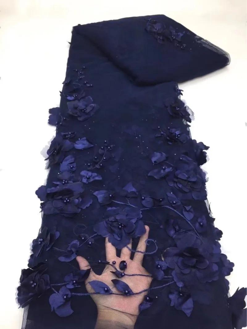 

3D Вишита Сітчаста Тканина з Квітами для DIY Шиття Вишита Мереживна Тканина для Одягу Весільної Сукні Вишивка Тканина для Одягу 5 ярдів 5yard темно-синього кольору