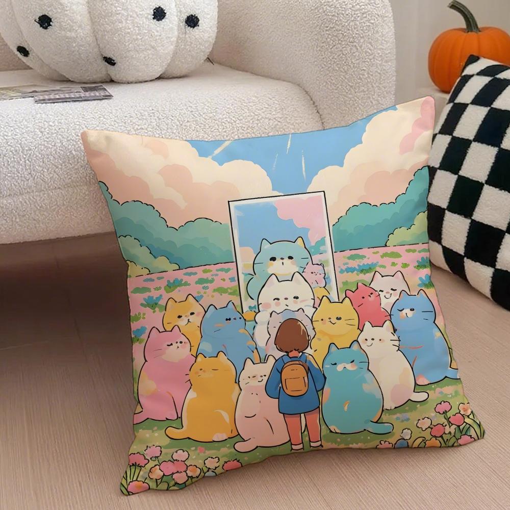 Cartoon Cute Cat Picture For Wake Up Cushion Cover Throw Pillow Cover Hidden Button Durable Polyester Chair Cushion
