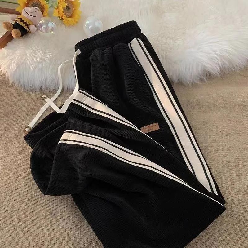 Autumn Fashion Casual Striped Corduroy Sweatpants Women High Waist Drawstring Wide Leg Trousers Korean Y2K Chic All-Match Straight Pants