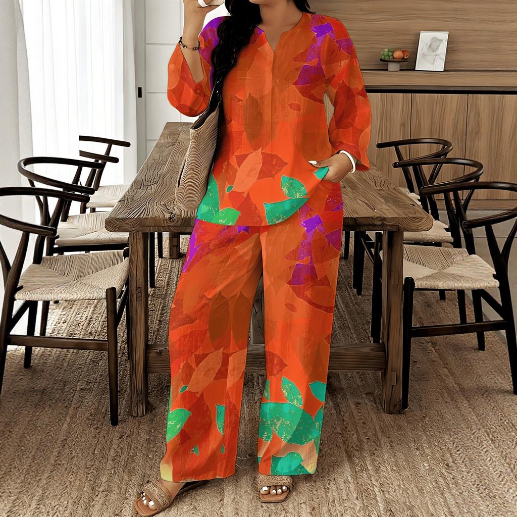 1116 European and American Geometric Printing V-neck Shirt High Waist Drape Wide Leg Pants Complete Set of Women's Clothing