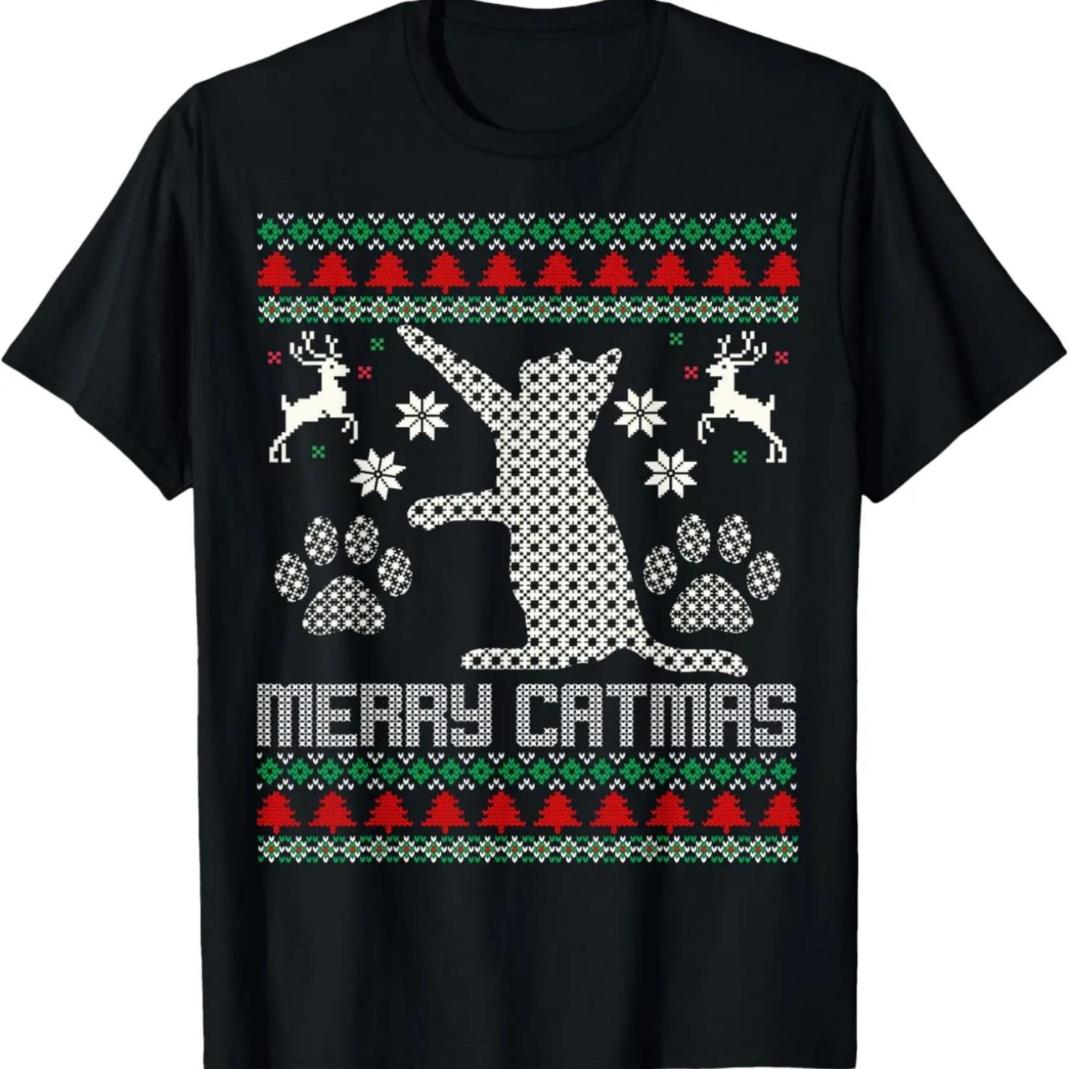 Merry Catmas Funny Cat Christmas Ugly Sweater Men Women Kids T-Shirt S чёрный