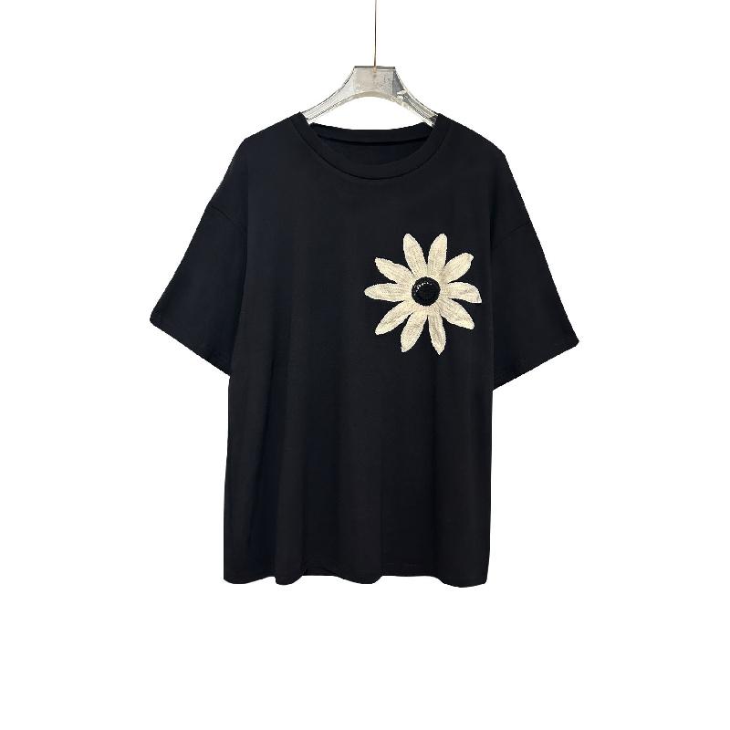 Slimming three-dimensional embroidered pleated soft lightweight breathable women's round-neck short-sleeve T-shirt