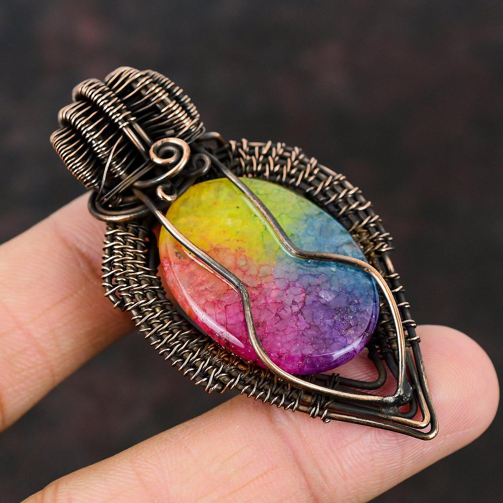 Rainbow Solar Quartz Druzy Pendant Gemstone Copper Wire Wrapped Pendant Copper Jewelry Solar Quartz Jewelry Gift Handmade Pendant For Women