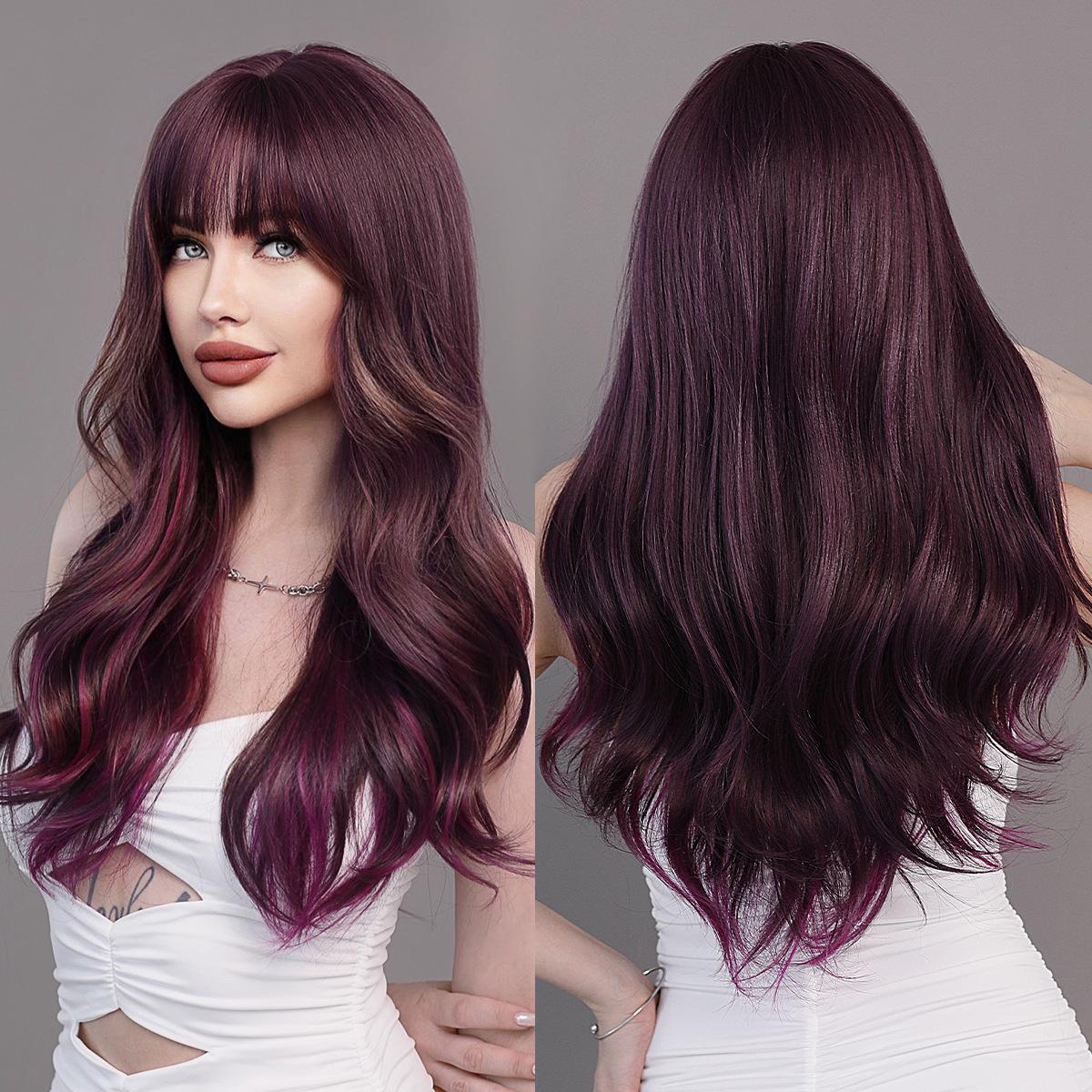 

Длинные волнистые фиолетовые парики с челкой для женщин ежедневно