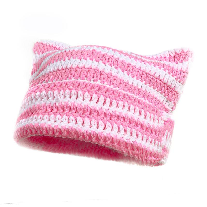 Y2K Women's Christmas Red Green Slouchy Beanies Crochet Acrylic Cotton Cap 3D Embroidered Demon Devil Cat Fox Ear Knitted Stripe