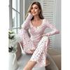 Completo Sexy da Notte da Donna in Pizzo con Pantaloni Floreali a Manica Lunga, Set Due Pezzi Casual Slim Fit