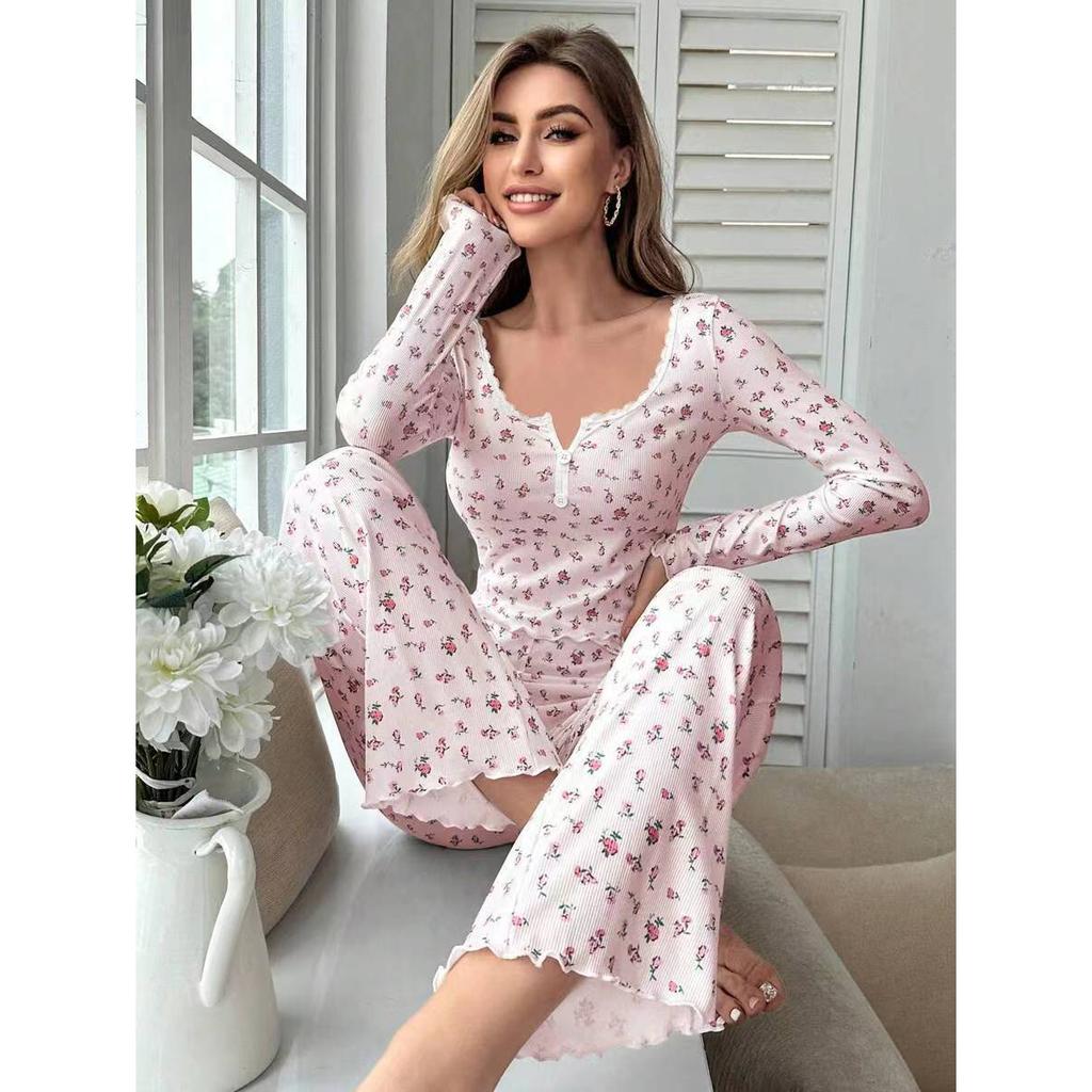 Completo Sexy da Notte da Donna in Pizzo con Pantaloni Floreali a Manica Lunga, Set Due Pezzi Casual Slim Fit