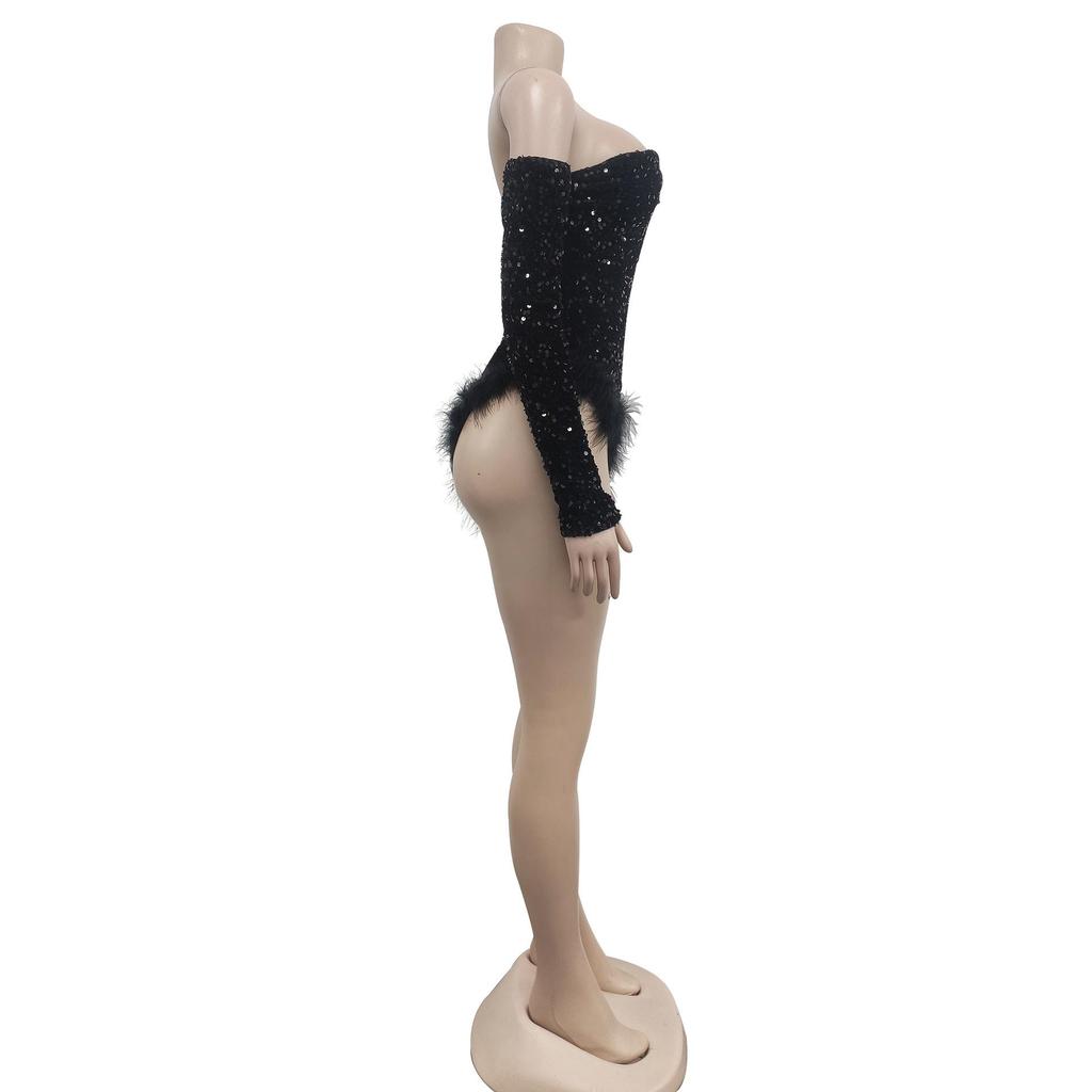 Sequined Long Sleeve Solid Color Jumpsuit with Shorts - Women's Fashion Europe America