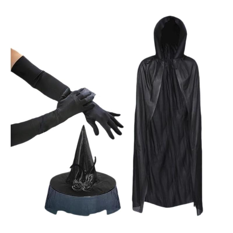 Women Costume Feathered Witch Hat Witch Hooded Cape Long Gloves for Halloween Masquerade Cosplay Adult Halloween Costume