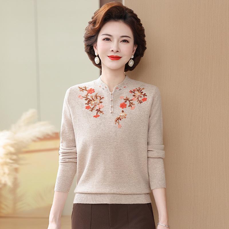 Mamas reiner Woll-Strickpullover mit Stickerei - Übergröße, lockere Passform für Frauen mittleren und höheren Alters (Herbst Winter)