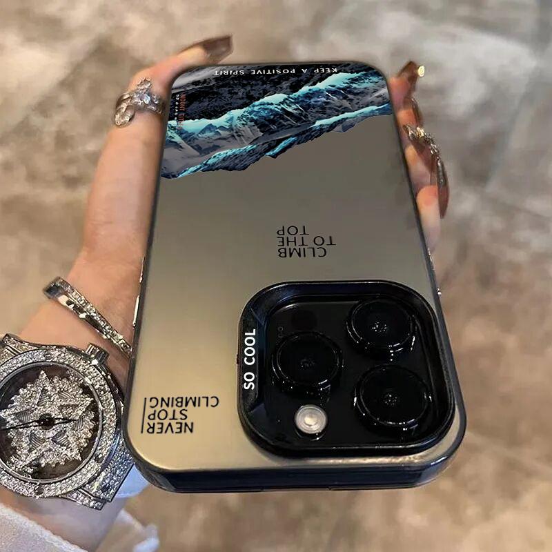 Snow Mountain Landscape Sunset Electroplate Silver Phone Case For iPhone 16 11 12 13 14 15 Pro Max 7 8 Plus X XS XR Back Cover