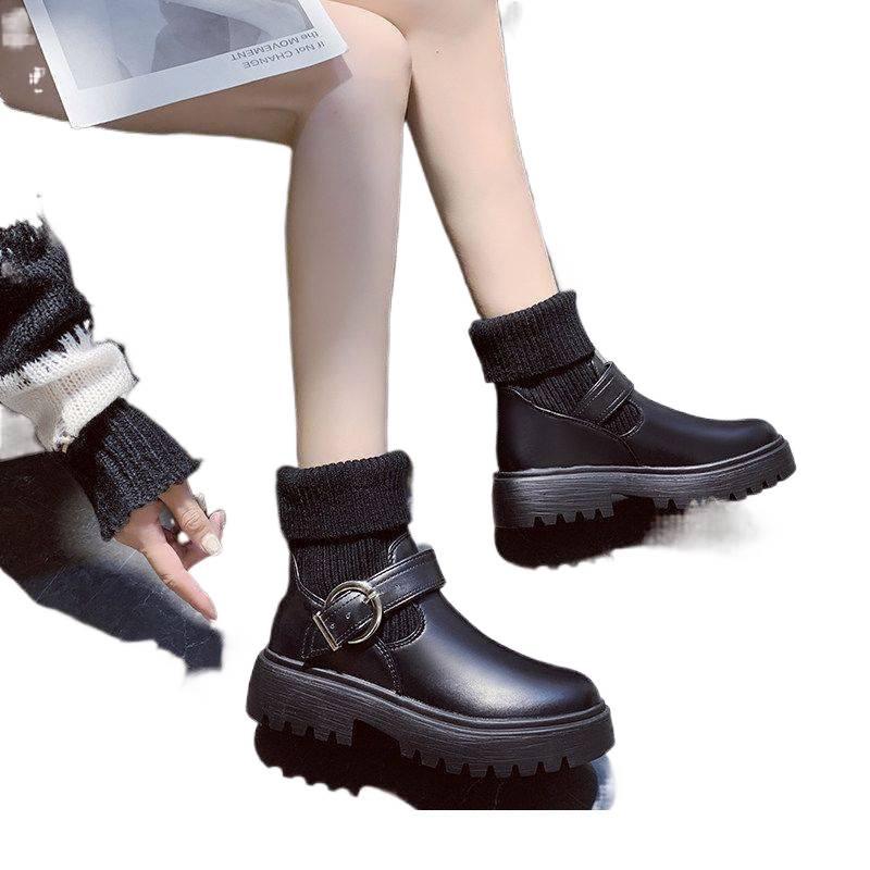 Women's Chunky Heel Knitted Wool Ankle Boots, Warm Velvet-Lined Cotton Leather Martin Style