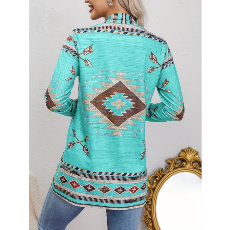 Western Ethnic Print Open Front Cardigan, Casual Long Sleeve Loose Cardigan, Women'S Clothing