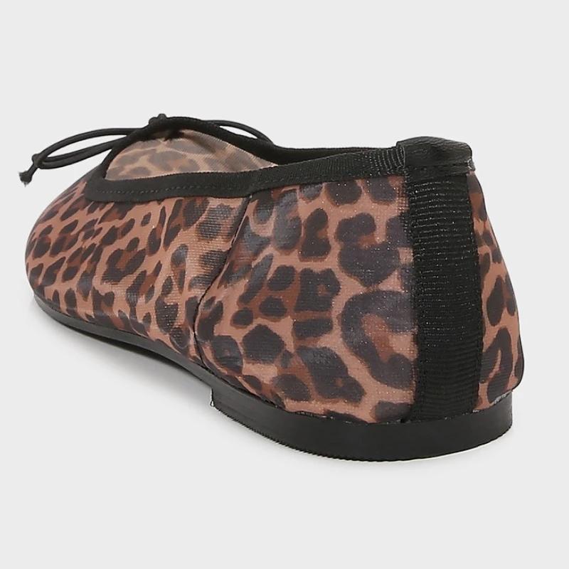 Fashion Cozy Mesh Leopard Print Ballet Flats Women Sexy Round Toe Bow Decoration Brand Designer Shoes Fashion Soft-sole Mary Jane Shoes