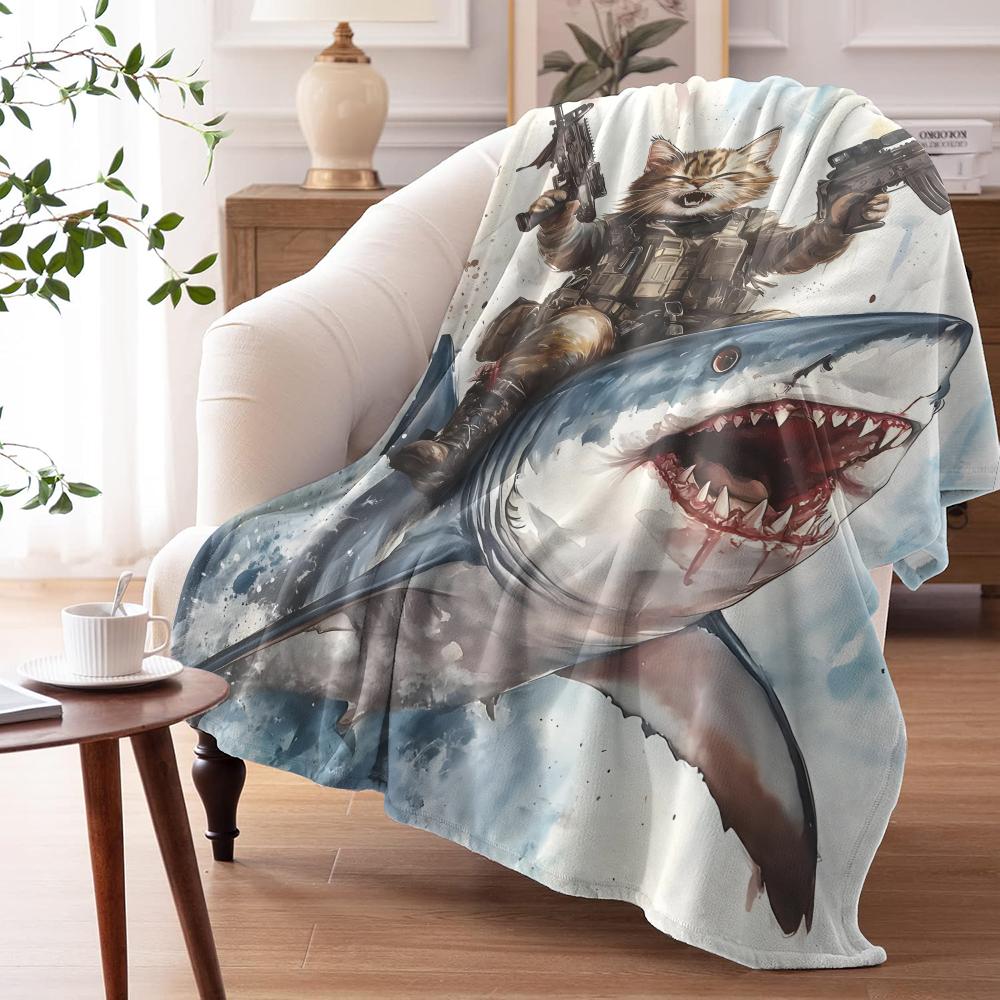 Cat Riding a Shark Throw Soft Flannel AC Blanket Lightweight Summer Nap Throw Cozy  Blanket for Sofa Bed Travel Home