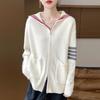 Women's Striped Color Block Hooded Cashmere Cardigan - Autumn/Winter Loose Casual 100% Pure Wool Jacket