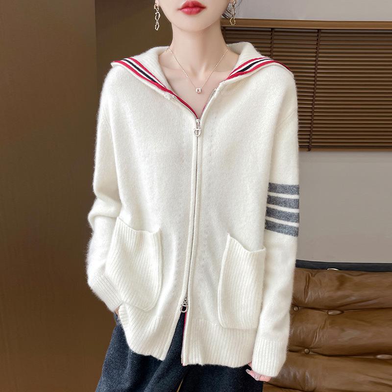 Women's Striped Color Block Hooded Cashmere Cardigan - Autumn/Winter Loose Casual 100% Pure Wool Jacket