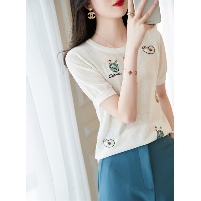 DME Women s Plant-Embroidered Round-Neck Knit Top XL