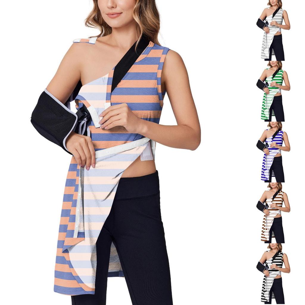 Post Surgery Dress for Women Fully Detachable Sleeveless Vest Dress Striped Pattern Medical Recovery Clothing Comfortable Fit