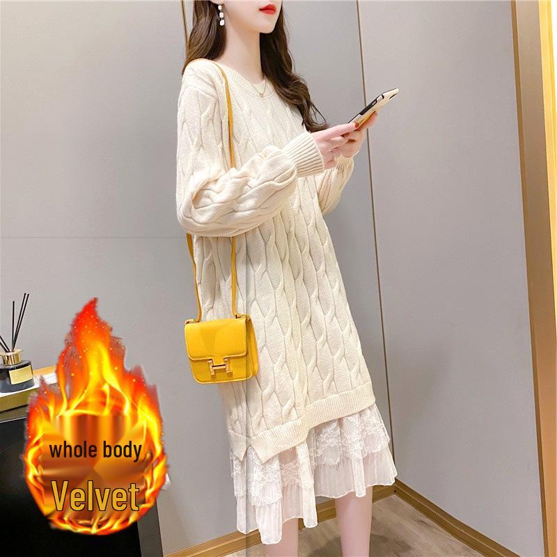 Hrubé vlněné šaty s fleecovou podšívkou: Zeštíhlující, Volný střih, Podzimní/Zimní styl, Perfektní ke kabátům, Pletený krajkový design.