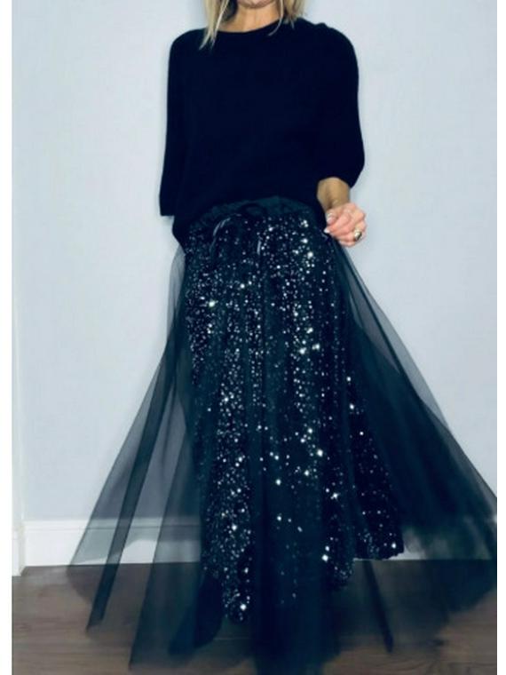 2025 European Style Women's Solid Sequin Mesh Skirt - Casual Fashion