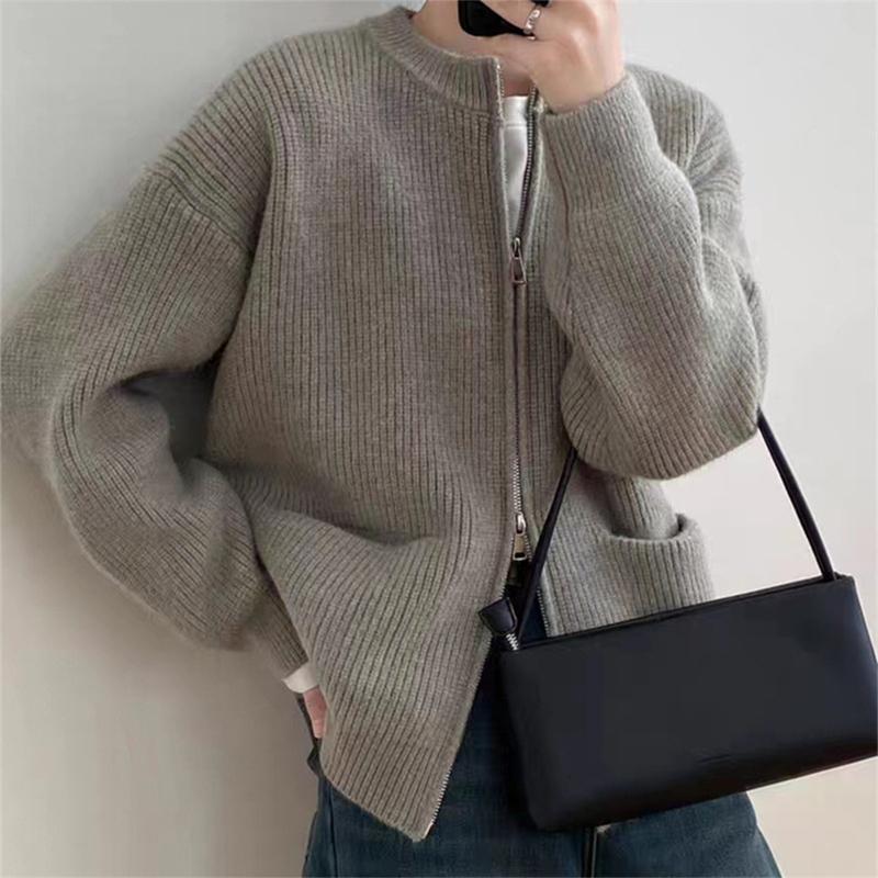 Jednobarevný svetr s dvojitým zipem Cardigan Dámská volná ležérní pletená bunda