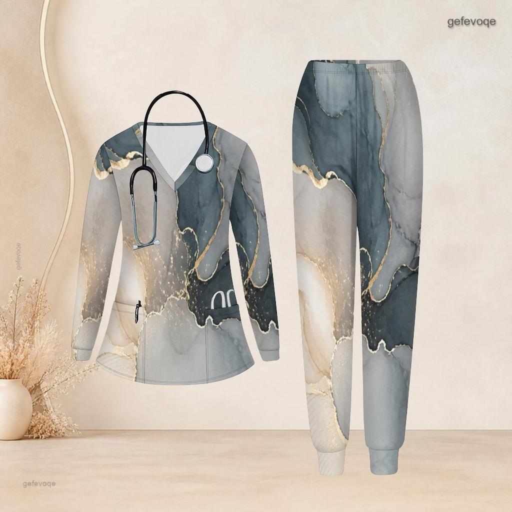 Women Plus Size Abstract Printed V Neck Long Sleeve Nurse Scrub Set With Pockets Two Piece