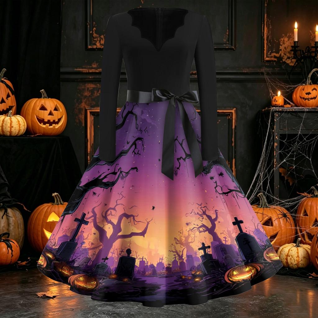 Women's Casual Long Sleeve V Neck Vintage Dress Halloween Print A Line Midi Dress with Waist Tie Belt for Everyday Wear