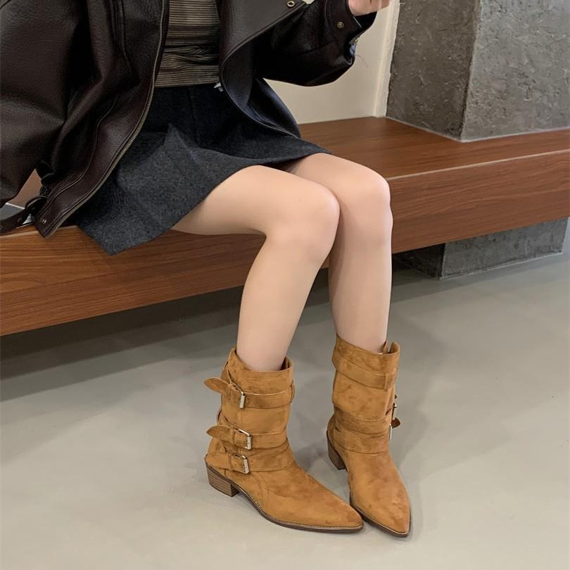 2025 autumn and winter new thick heel western boots retro belt buckle knight boots brown medium boots women's boots locomotive boots