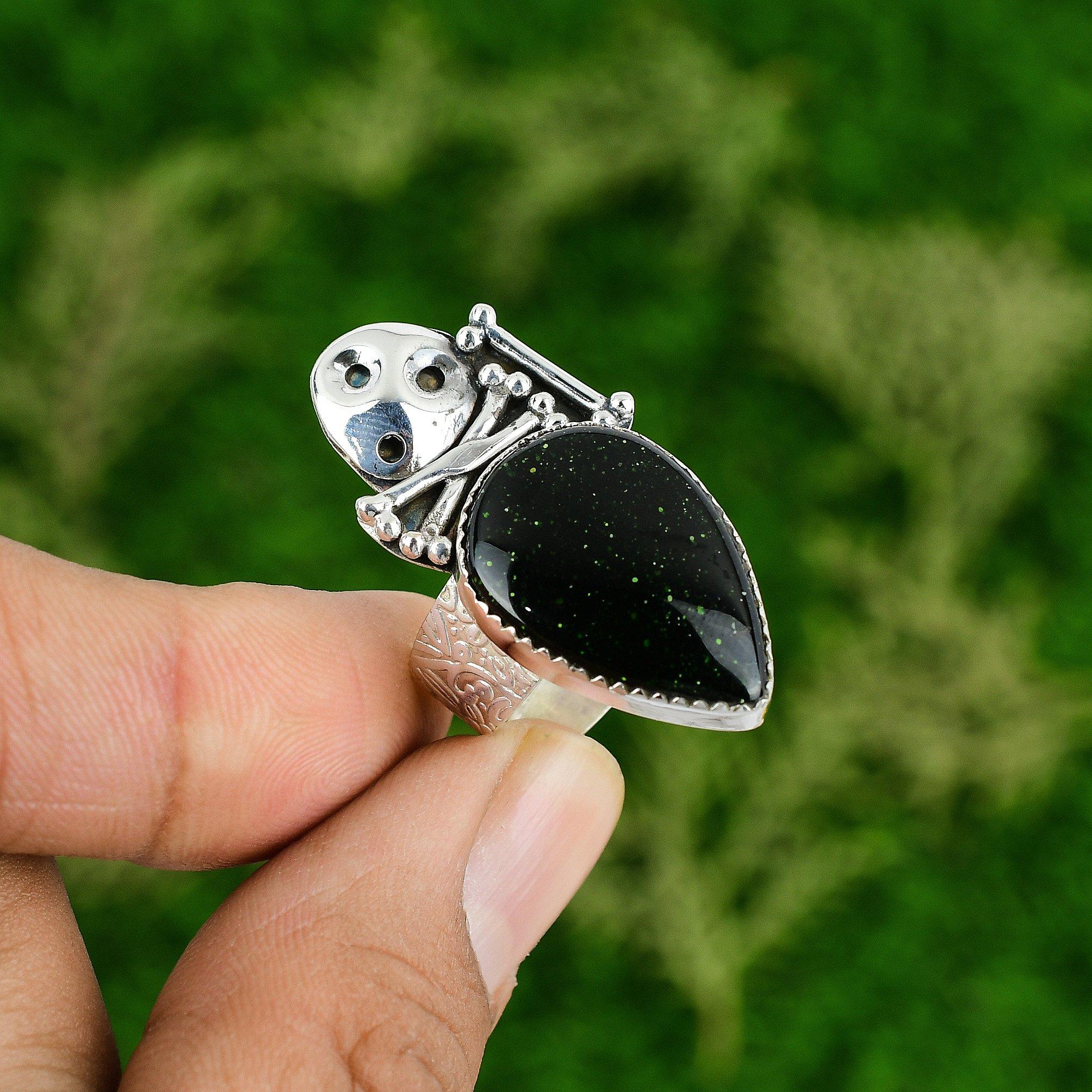 

925 Silver Natural Green Sunstone Stackable Skull And Bone Adjustable Ring Adjustable