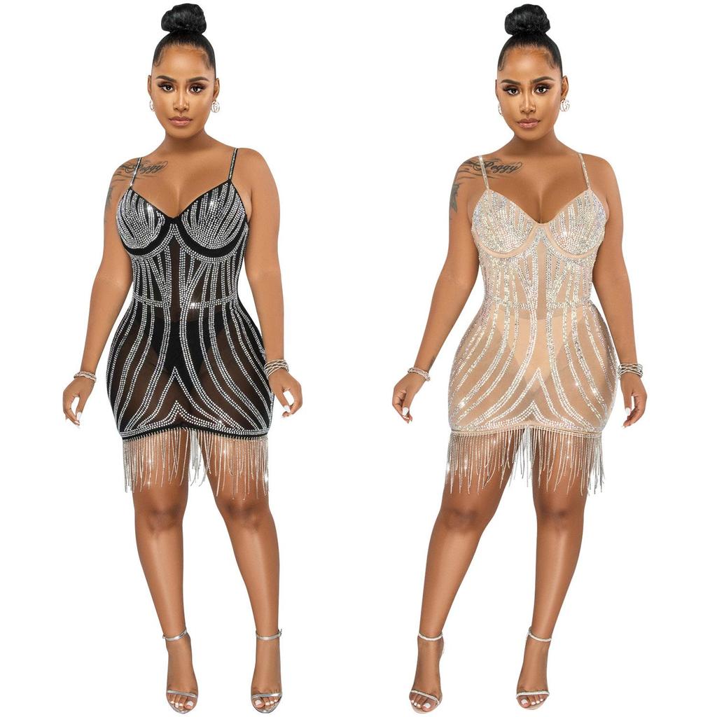 X5633 Strass-Spaghettiträger Fransen Bandagekleid - Sexy Ärmelloses Minikleid