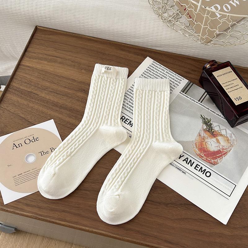 Women's Socks Egg Cloth Label Mid-calf Socks Autumn Linen Pattern Pile Socks Grey Socks