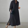 LYRIA Cotton Linen Oversize Women Dress Black Turn-Down Collar Loose Dresses Female Elegant Casual Trendy Ladies Clothes