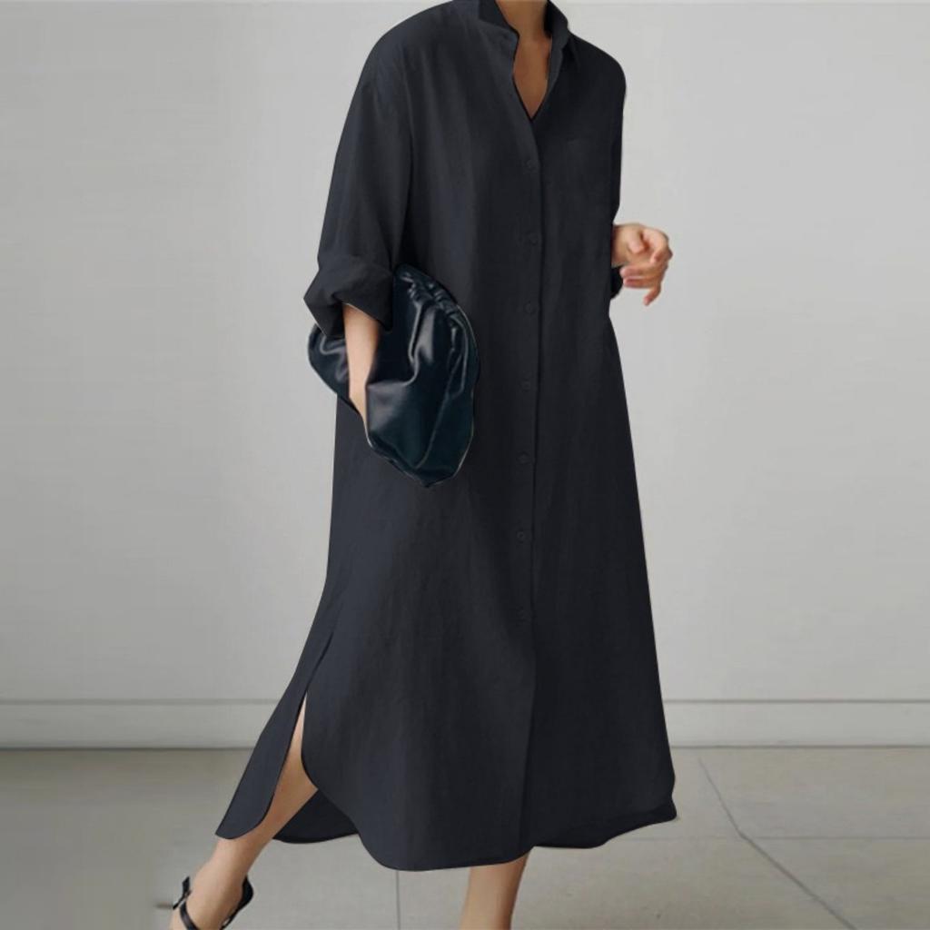 LYRIA Cotton Linen Oversize Women Dress Black Turn-Down Collar Loose Dresses Female Elegant Casual Trendy Ladies Clothes