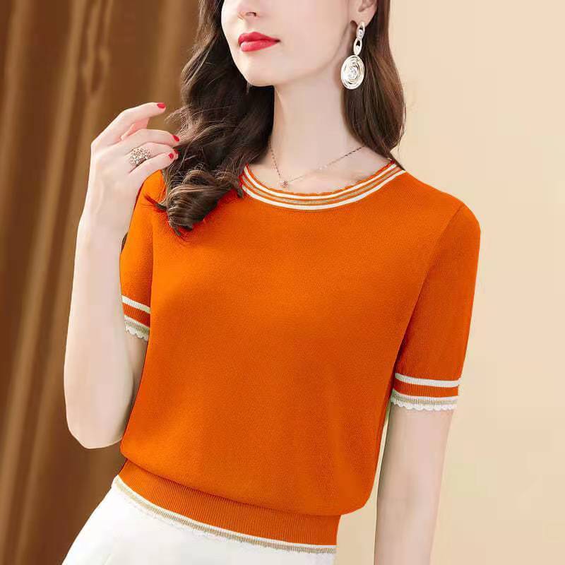 Short Sleeve Knittwear T-shirt for Women Summer Thin Ice Silk Knitted Solid Color Round Neck Bottoming ShirtS-3XL