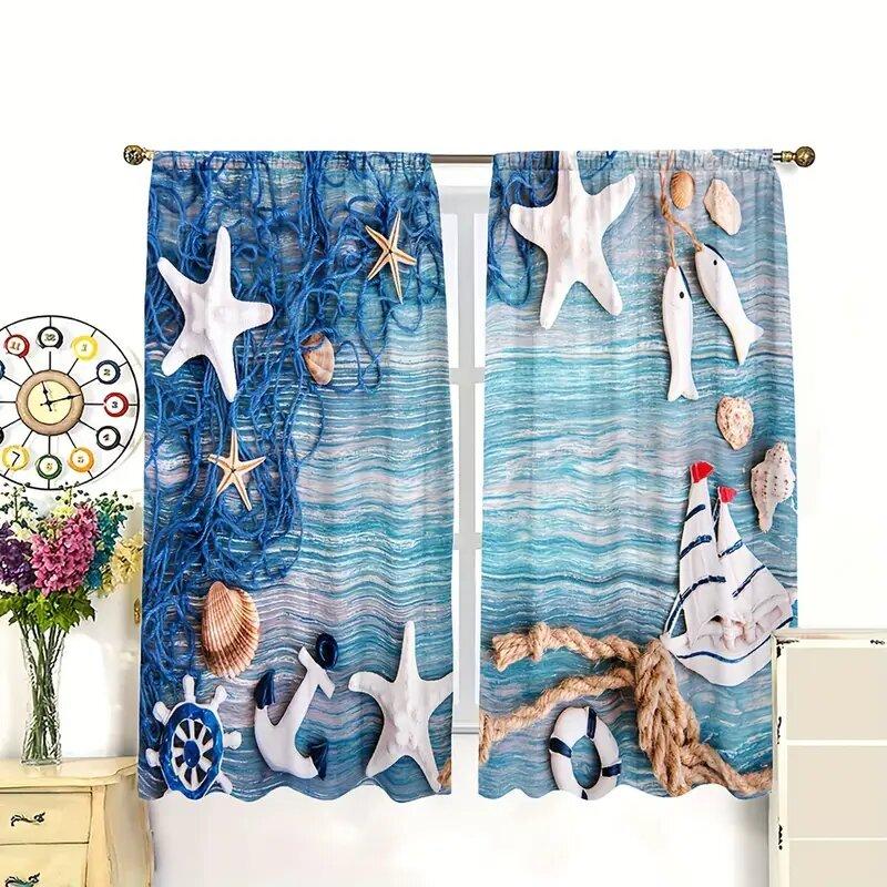 Starfish Fishing Boat Background Pattern Printed Curtains, Window Decorations, Home Decorations, Room Decorations