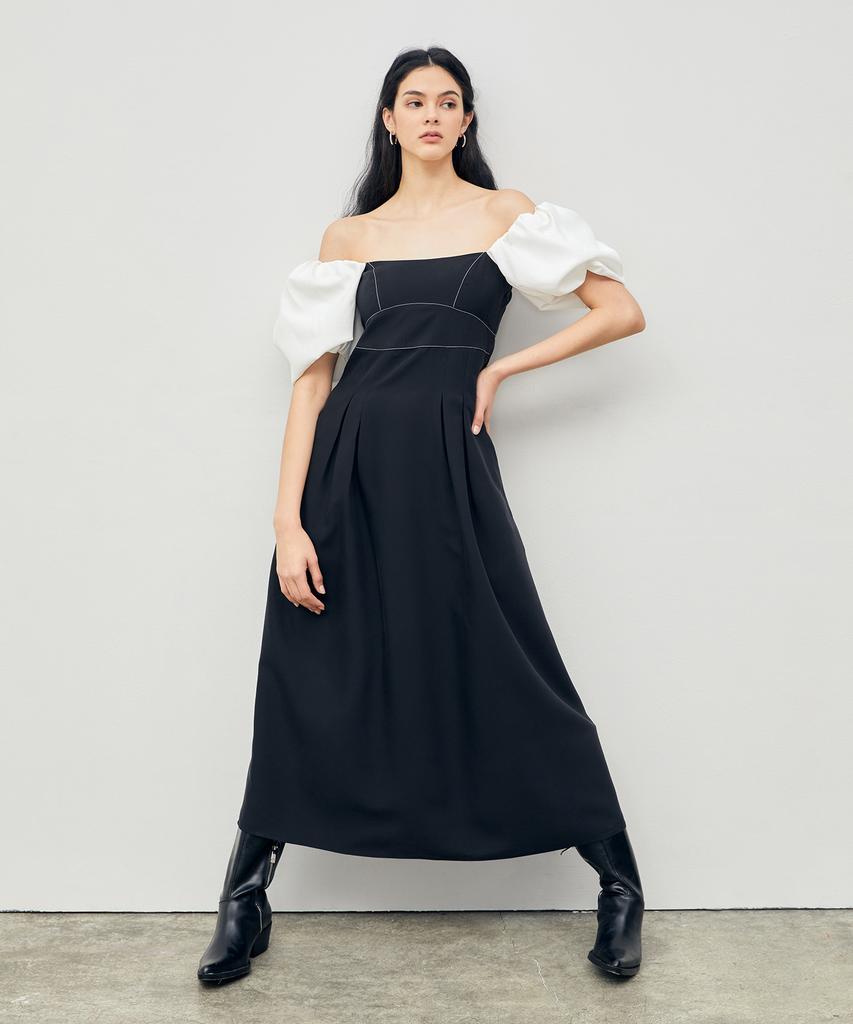 Onneu Stitched Puff Sleeve Maxi Dress Black