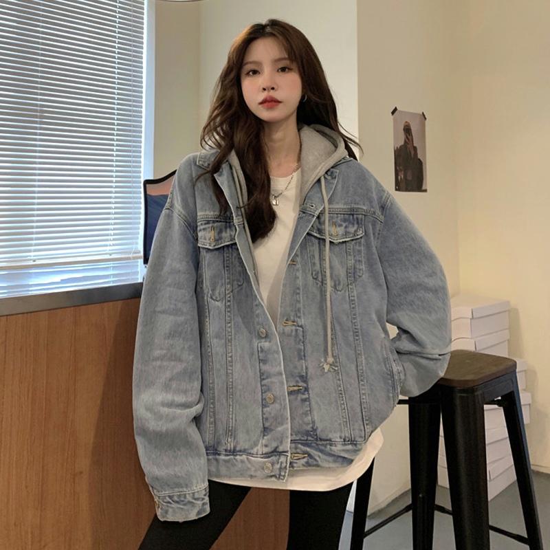 Hooded Denim Jacket Women s Spring and Autumn Korean Style Loose Retro Denim Clothes S синий