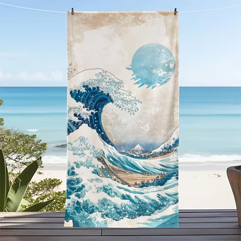 Purple Night Ocean Wave Beach Towel Large Soft Absorbent Towel Illustration Style Wave Cherry Blossoms Mount Fuji Print Towel