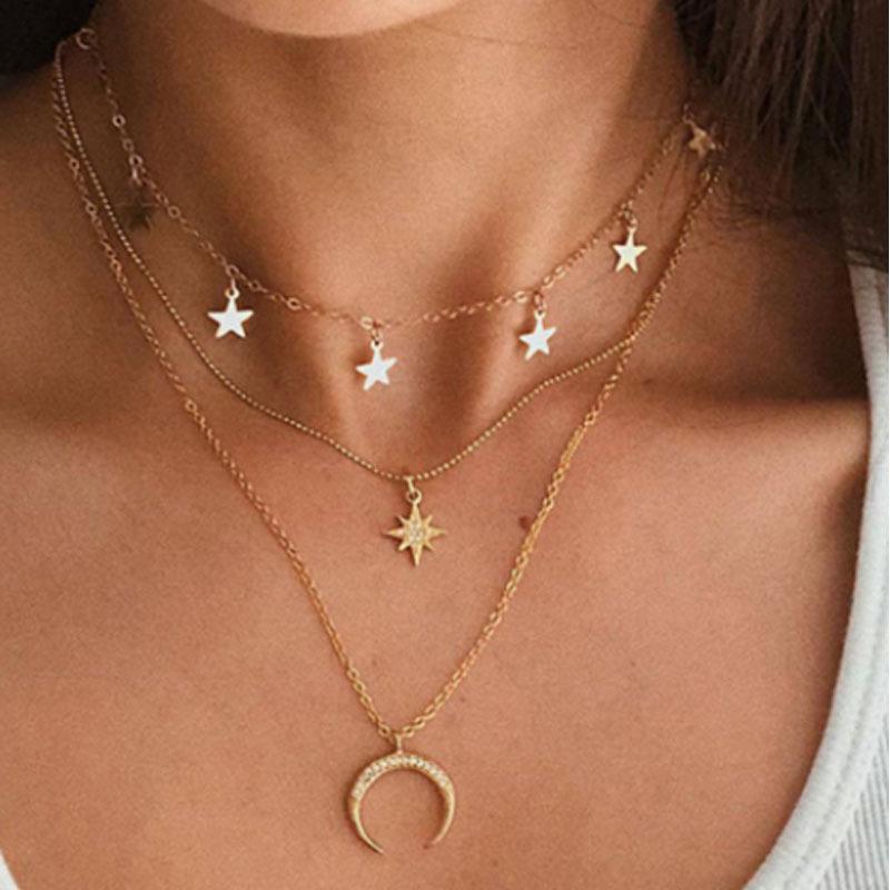 European & American Street Style Star & Moon Multi-layer Diamond Pendant Necklace for Women