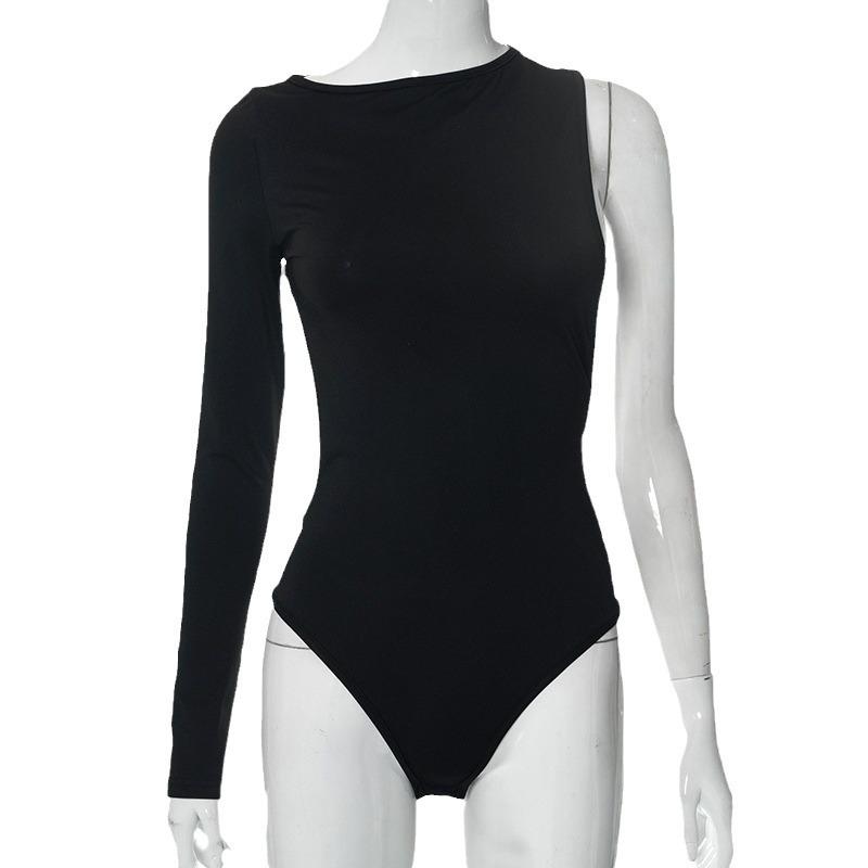 

Европейская и американская весенне-осенняя женская одежда, сексуальная пикантная девушка, облегающий однотонный комбинезон на одно плечо с круглым вырезом для женщин S чёрный