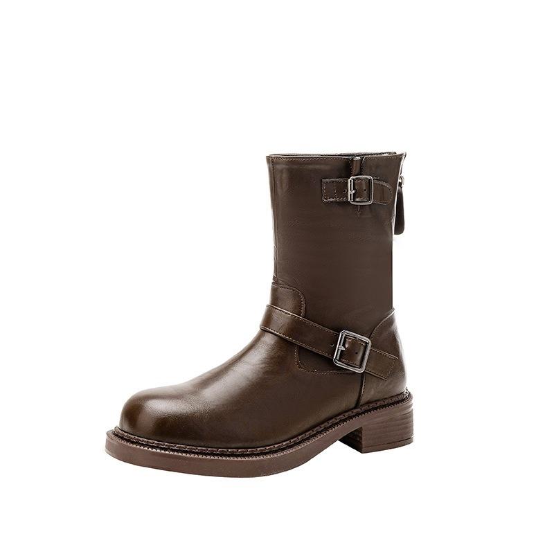 Cowhide~ Cowhide Fashion Boots Knight Short Boots Women's Autumn and Winter New Martin Boots Retro Mid-tube Western Cowboy Boots