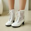 Splicing Lace Mesh Boots Spring And Autumn Women'S Boots Lace-Up Short Knight Boots Middle Heel Boots 40-43 Large Size Boots