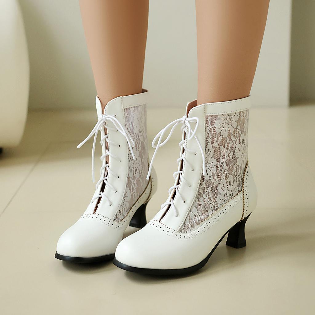 Splicing Lace Mesh Boots Spring And Autumn Women'S Boots Lace-Up Short Knight Boots Middle Heel Boots 40-43 Large Size Boots