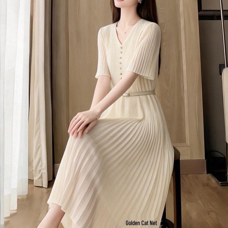 

2026 French-Style High-End Fairy Long Dress with Belt - Casual Vacation Wear for Women L (recommended 45-52.5 kg)